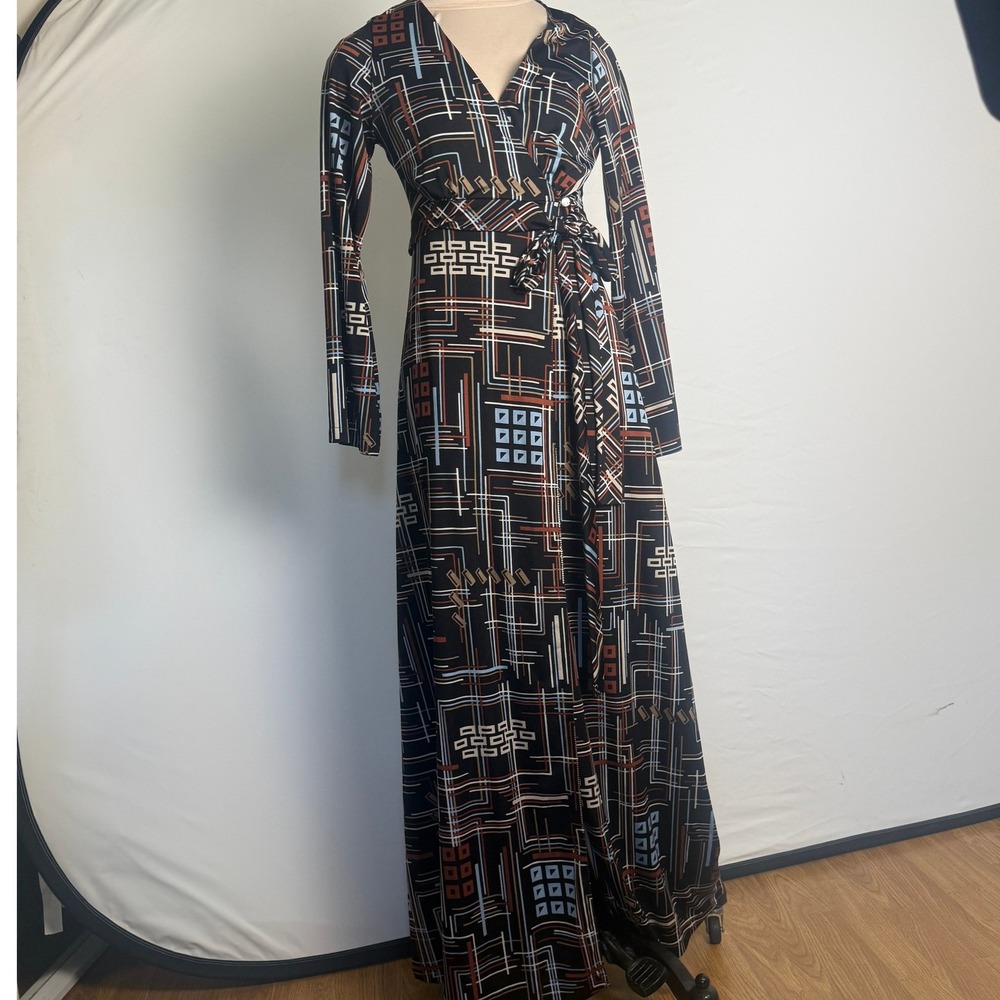 Vintage Sears Geometric Abstract Wrap Dress Black Brown Maxi Long Sleeve 12/14